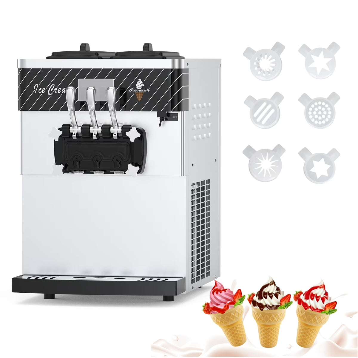 Entcook 3 Flavors Commercial Ice Cream Maker, 5.8-8 Gal/H Countertop Soft Serve Ice Cream Yogurt Machine with LCD Display