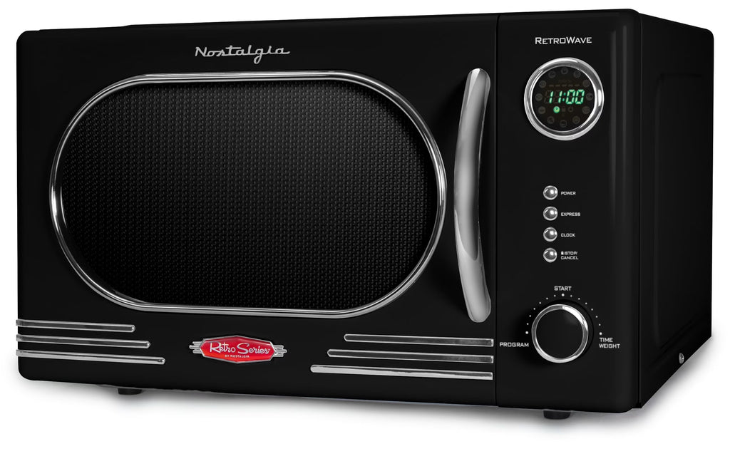 Nostalgia Retro Countertop Microwave Oven - Large 1000-Watt - 1.1 cu ft - 12 Pre-Programmed Cooking Settings - Digital Clock - Kitchen Appliances - Black