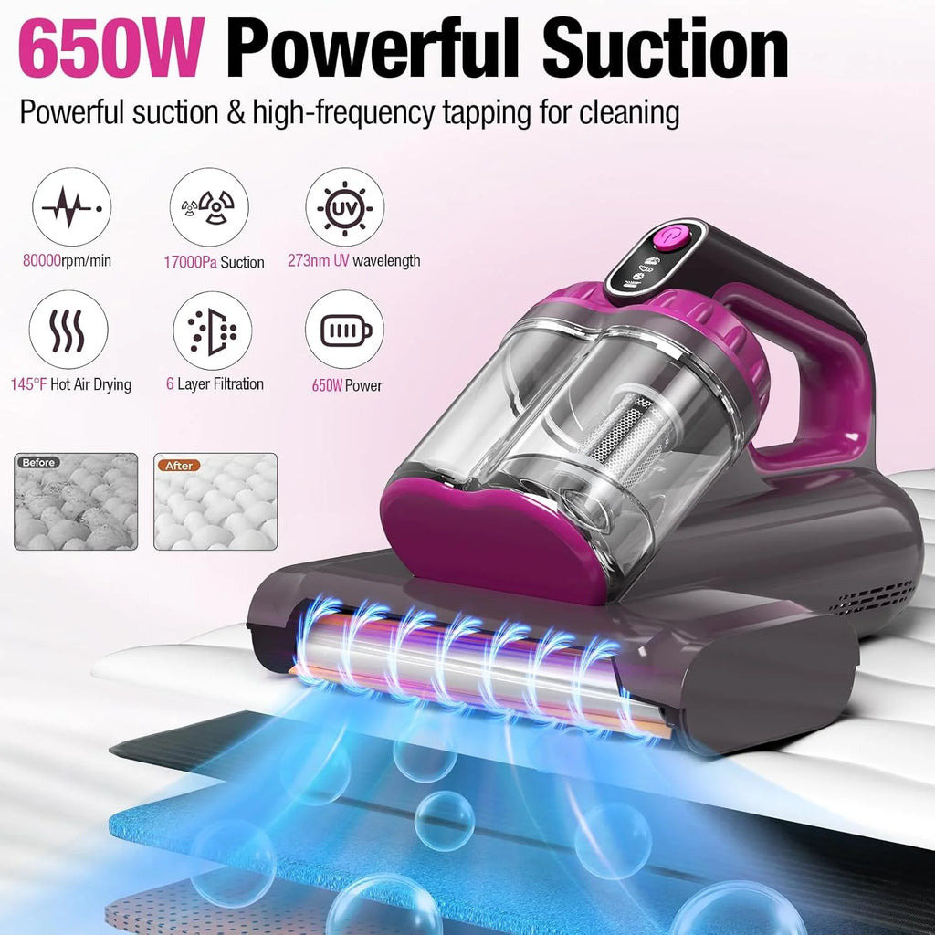 Mattress Vacuum Cleaner, 17Kpa 650W Bed Vacuum with 273nm -C Light & 145 �� F Heating, 80000 RPM Brushroll for Pillows, Cribs, Sofa - Black Corded