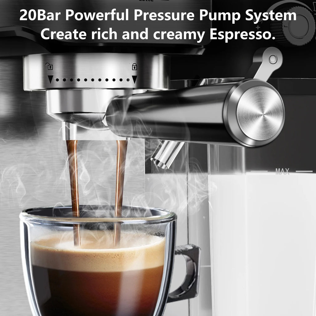 Bluebow 6-in-1 Espresso Machine, 20 BAR Cappuccino & Latte Machine with Built-In Milk Frother, One-Touch Single/Double Shot, 1350W, Stainless Steel
