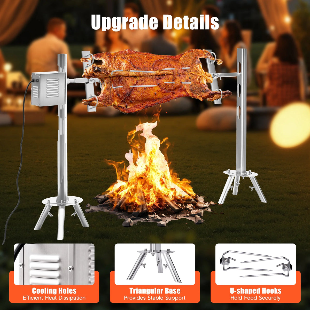 LUXOAK Electric BBQ Rotisserie Grill Kit, 46" 132 Lbs Capacity, 45W Motor, Height-Adjustable Stainless Steel Pig Roaster with Triangular Stability Support Stand for Pig Lamb