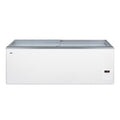 Flat top commercial ice cream freezer with sliding glass lid, digital thermostat, and novelty baskets