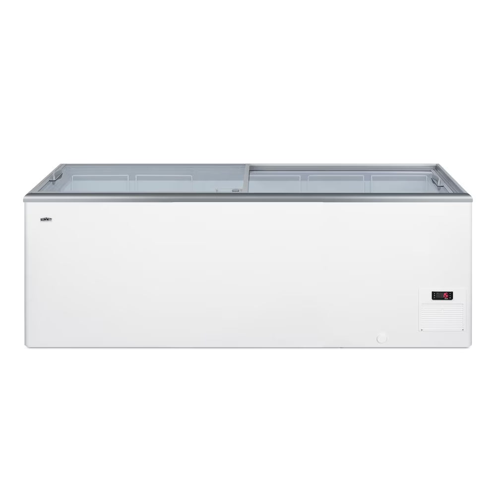 Flat top commercial ice cream freezer with sliding glass lid, digital thermostat, and novelty baskets