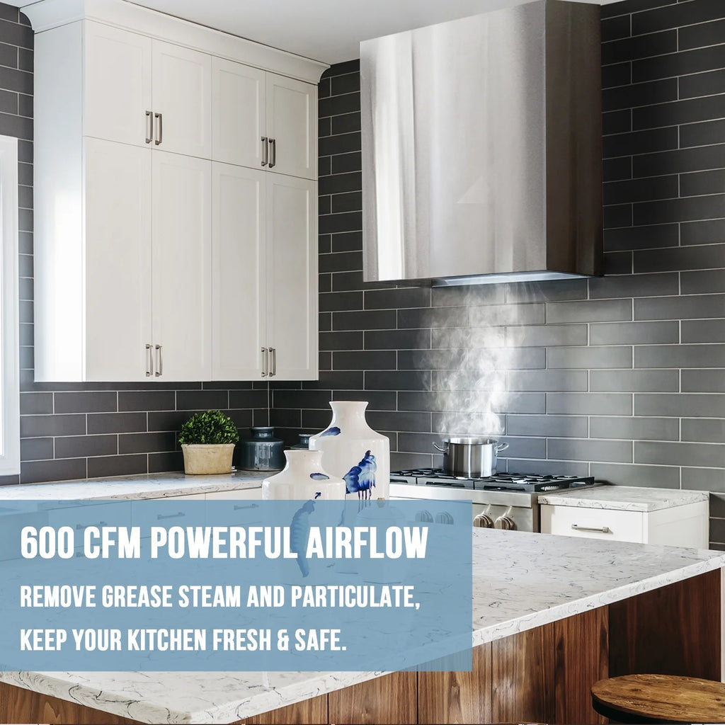 Akicon Stainless Steel Range Hood, Modern Box Kitchen Hood with Powerful Vent Motor, Wall Mount, 30��W*30��H*14D, Signal White