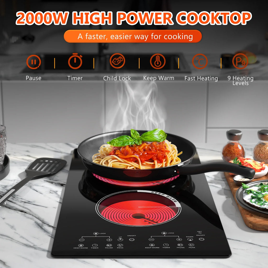 GRACEALL 12 inch Electric Stove 2 Burners Hot Plates for Cooking, Countertop Hotplate Double Elements Cooktop, 120V Ceramic Hotplate Plug in Infrared Cooker, Countertop and Built-in Compatible