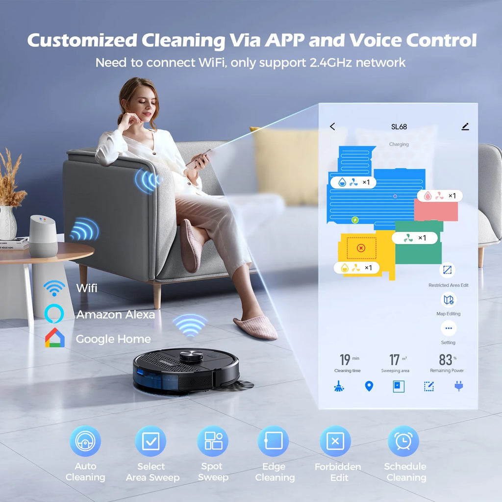 Robot Vacuum Cleaner and Mop Powerful 4000Pa Under 55 dB Robotic Vacuum Sweeper Perfect for Pet Hair Carpets Hard Floor,Model SL68