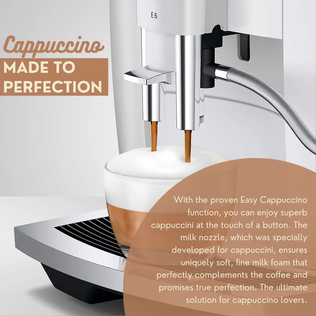 Jura E4 Coffee Machine (Piano White) with Filter, Cleaning Tablets and Coffee