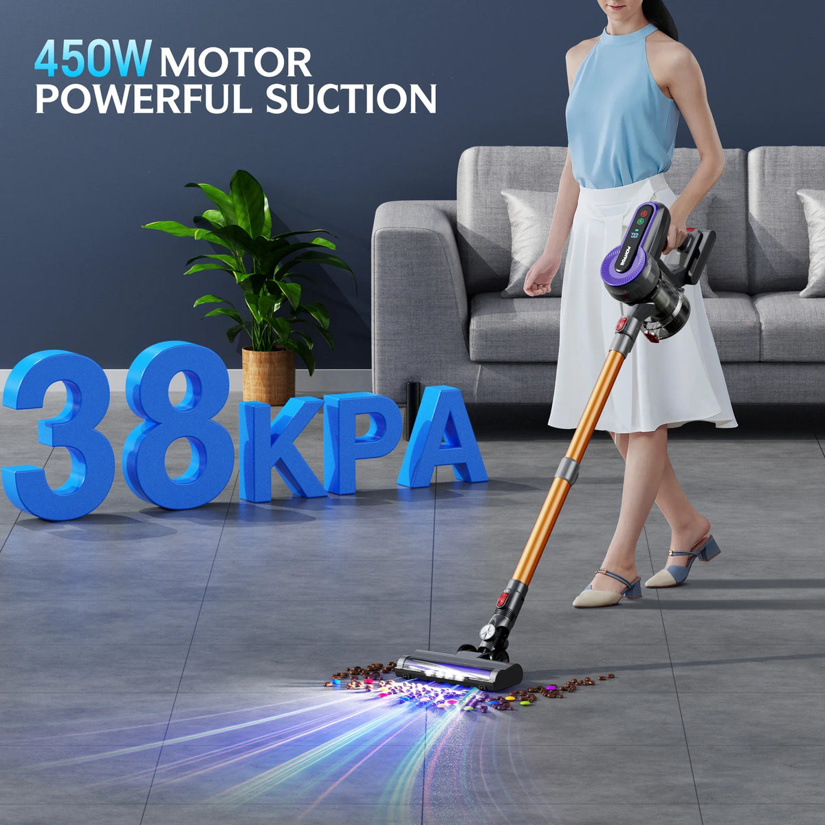 Roanow Cordless Vacuum Cleaner, 38KPA/55Mins with Display Stick Vacuum for Home Hardwood Floor Carpet Pet