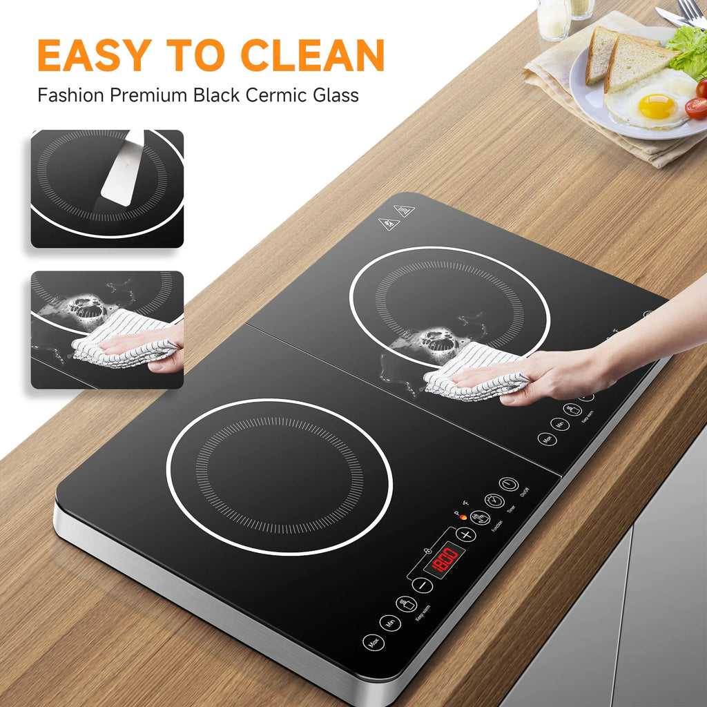 Electric Double Induction Cooktop, 1800W Portable Induction Cooktop with 2 Burners