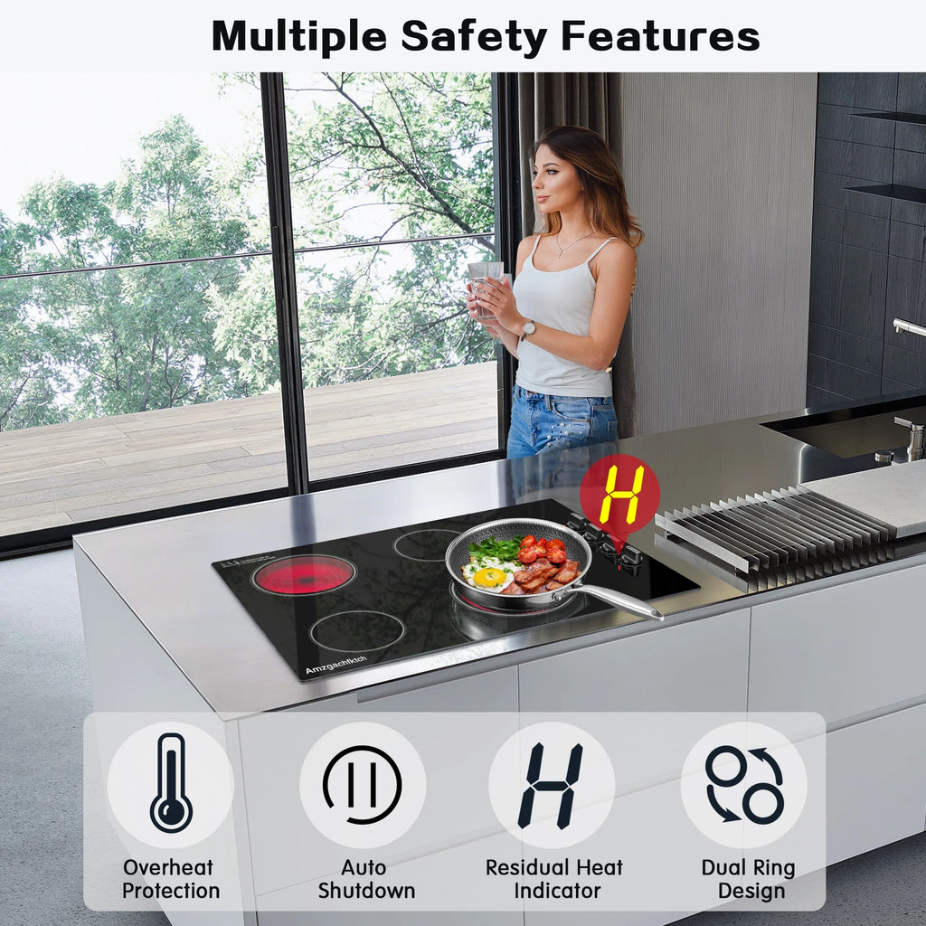 30 inch 4 Burner Built in Electric Ceramic Cooktop 6700W 240V with Hot Surface Indicator Radiation-Free ETL Certified