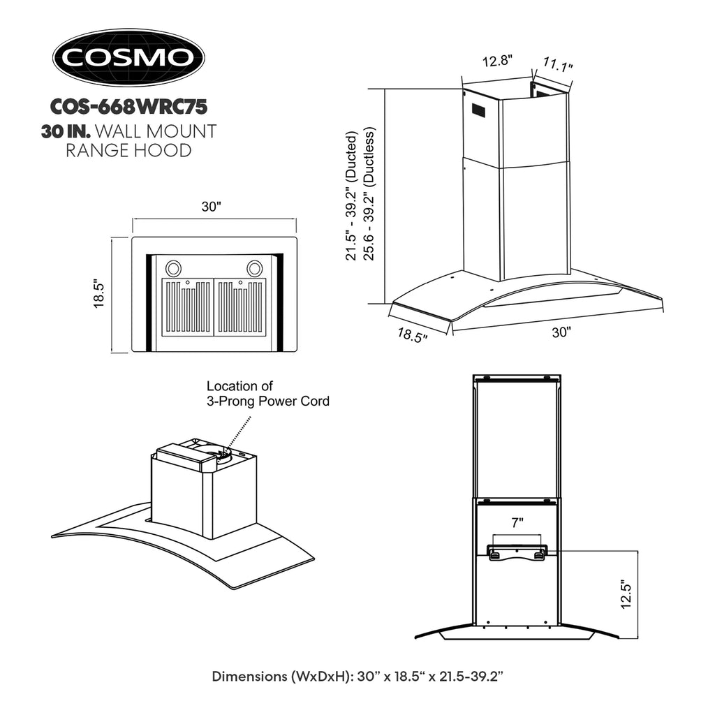 30 in. Vista Collection Ductless Wall Mount Range Hood, Button Controls, LED Lights, Stainless Steel