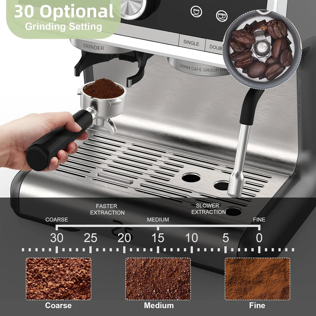 Espresso Coffee Machine with Grinder, 20 Bar Semi-Automatic Espresso Maker with Milk Frother Steamer Wand for Cappuccino, Latte, Macchiato, 2.8 L Water Tank, PID Temperature Control, Silver