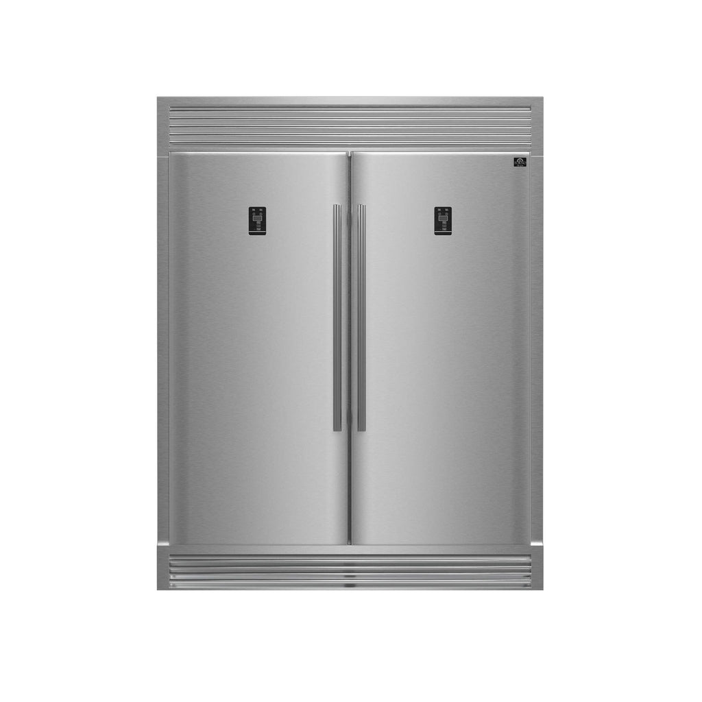 FORNO Premium 3-Piece Kitchen Bundle - FORNO Galiano 48" Freestanding Dual Fuel Range, FORNO Rizzuto 60" W. Dual Combo Convertible Refrigerator, FORNO 48" Wall Mount Range Hood - FBDL-017-02US