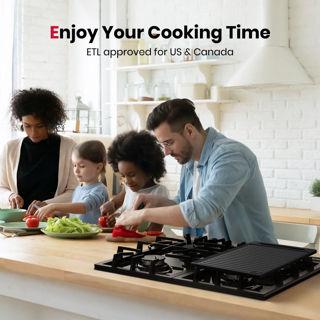 GASLAND GH60EF 24" Built-in Gas Stove Top, Black Ename Gas Cooktop with Griddle, 4 Sealed Burners, ETL