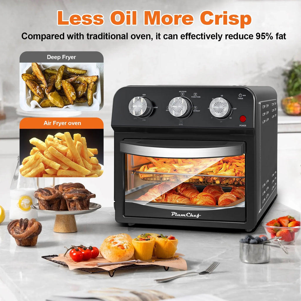 PlumChef 13 Quart 4 Slices Air Fryer Convection Toaster Oven, 1500W, 7 in 1 Multifunction with Roast, Bake, Grill, Broil, Toast, Dehydrate, Defrost, Stainless Steel