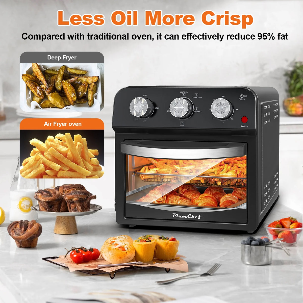 PlumChef 13 Quart 4 Slices Air Fryer Convection Toaster Oven, 1500W, 7 in 1 Multifunction with Roast, Bake, Grill, Broil, Toast, Dehydrate, Defrost, Stainless Steel