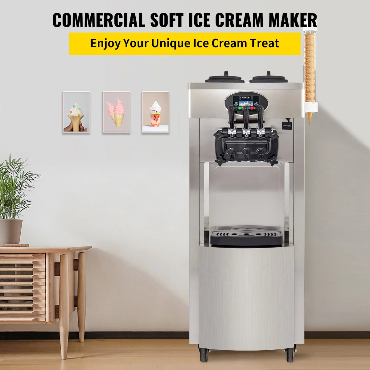 SHENGJINSH Pre-cooled Commercial Ice Cream Machine, 3 Flavors Countertop Soft Serve Ice Cream Maker