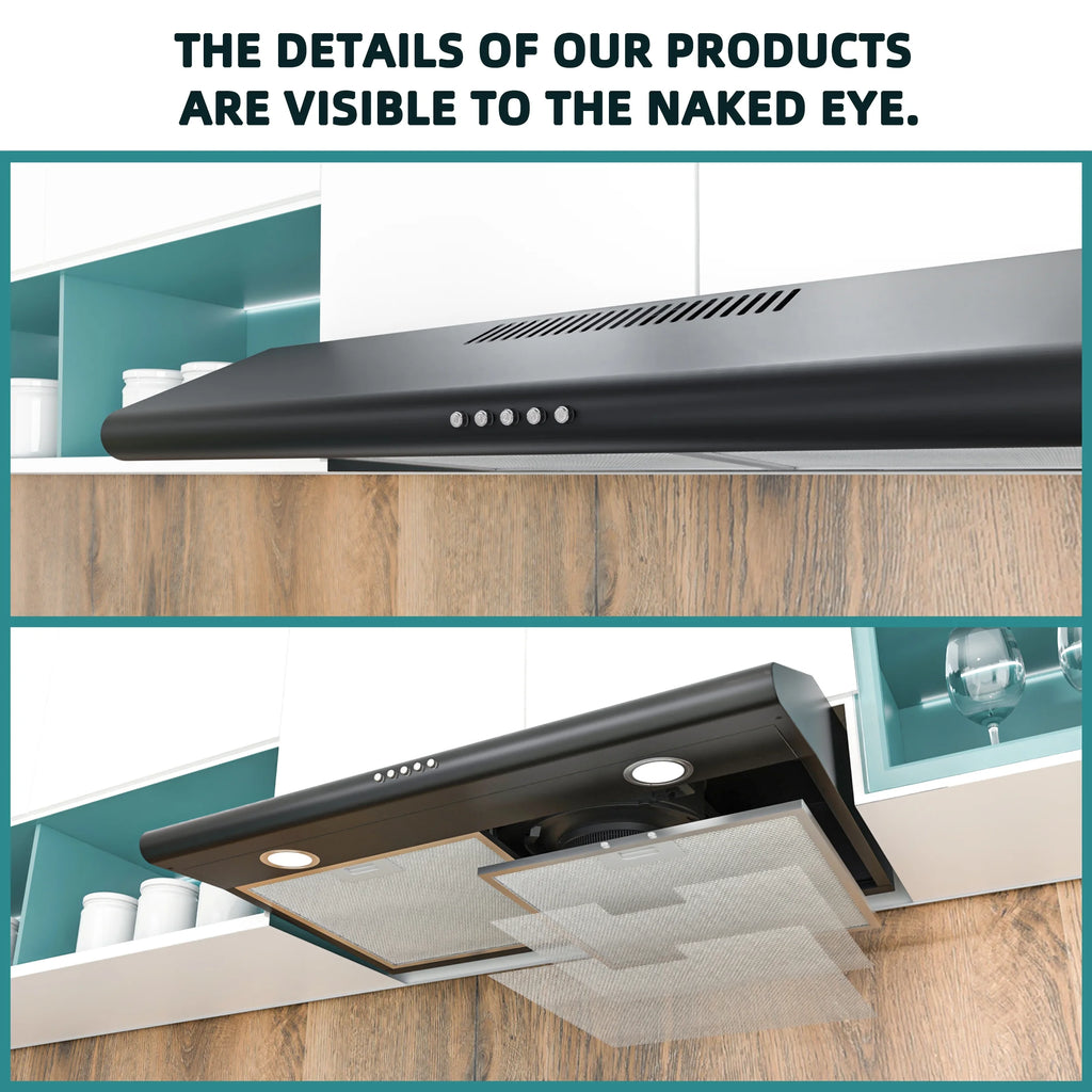 FIREGAS Black Under Cabinet Range Hood 30 inch, Slim Kitchen Over Stove Vent, LED Light, 3 Speed Exhaust Fan, Push Button,Stainless Steel 30 inch Range Hood,with Charcoal Filter
