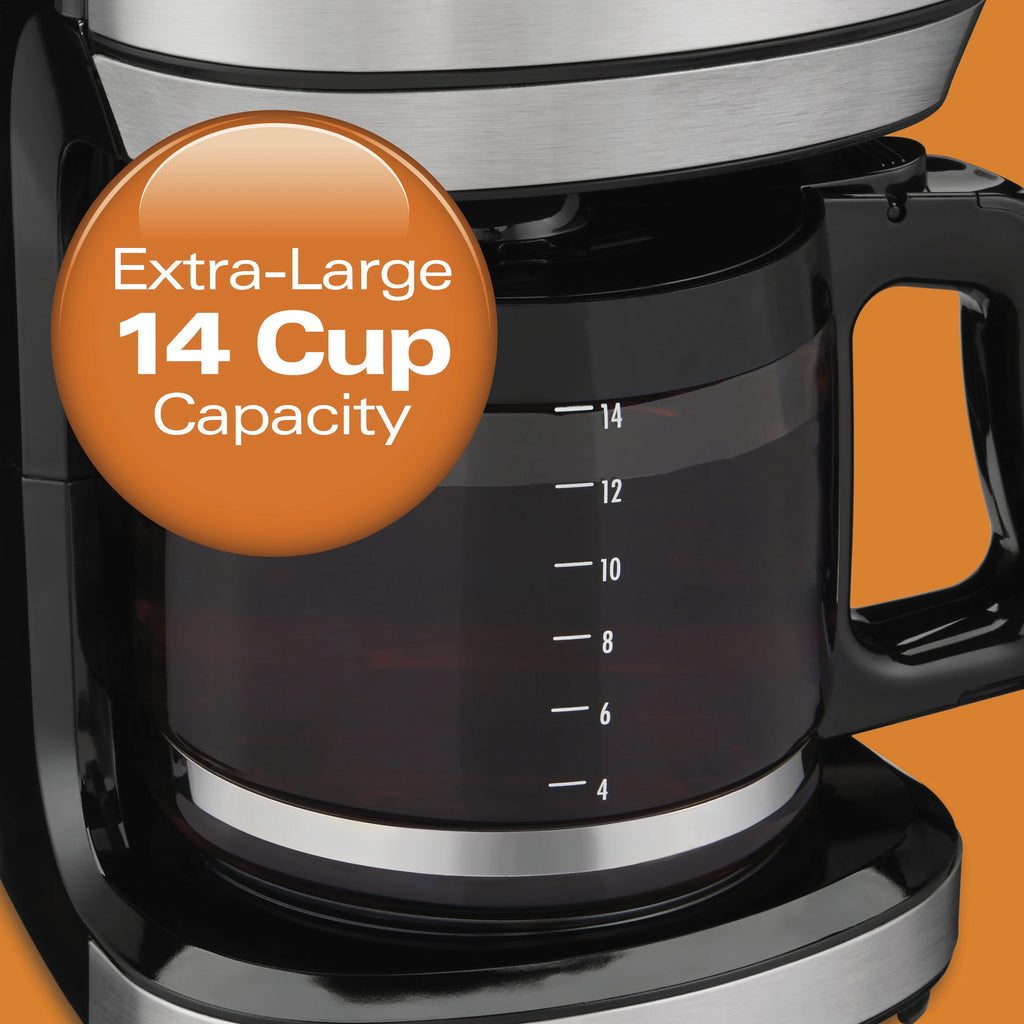 Hamilton Beach Front Fill 14-Cup Programmable Drip Coffee Maker Machine with Glass Coffee Pot, Cafetera, Black