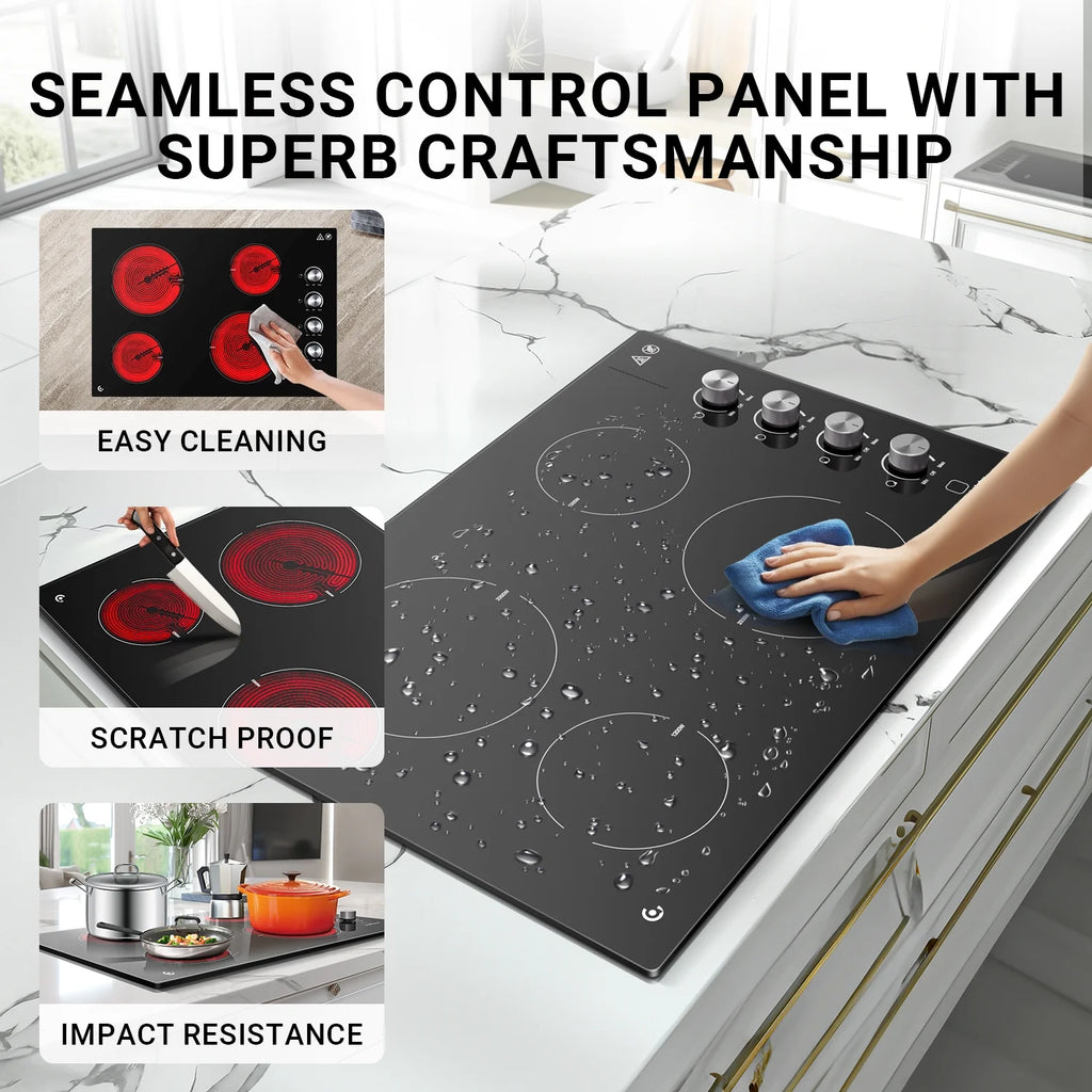 30 Inch Electric Cooktop 4 Burners, Sumaki Built-in Electric Burner with 4 Burners, 240V Power Control by Knob, 7000W Electric Stove with Hot Surface Indicator