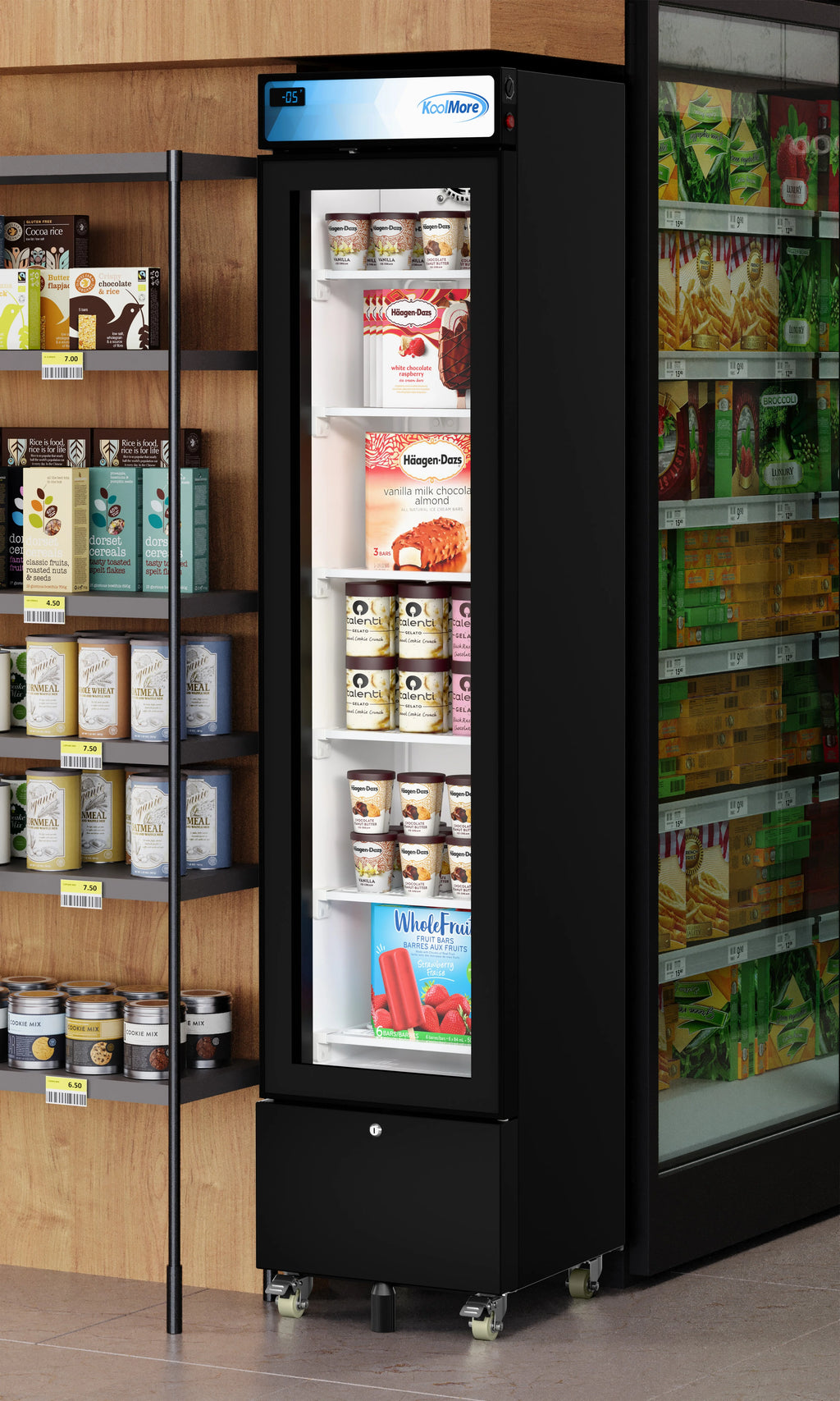 17 in. Slim Commercial Merchandiser Freezer with Manual Defrost, 6.5 Cu. Ft. Capacity, ETL Listed in Black (KM-MDF-17S)