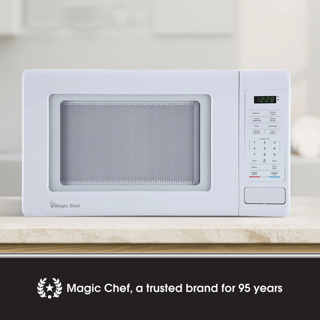 Open Box Magic Chef 0.9 Cubic Feet 900 Watt Stainless Microwave Oven, White