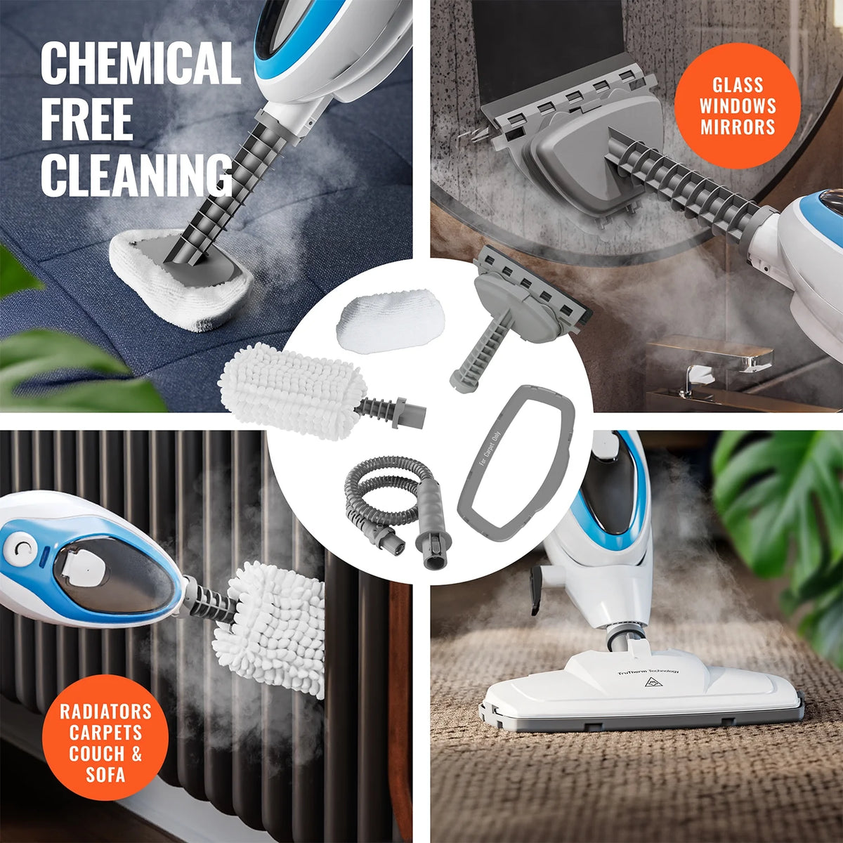 Pursteam ScrubMaster Steam Mop with Dual Scrubbing Head, LED Headlights, Adjustable Steam Control, Anti-Slip Swivel Head, Cable Holder & Upright Lock