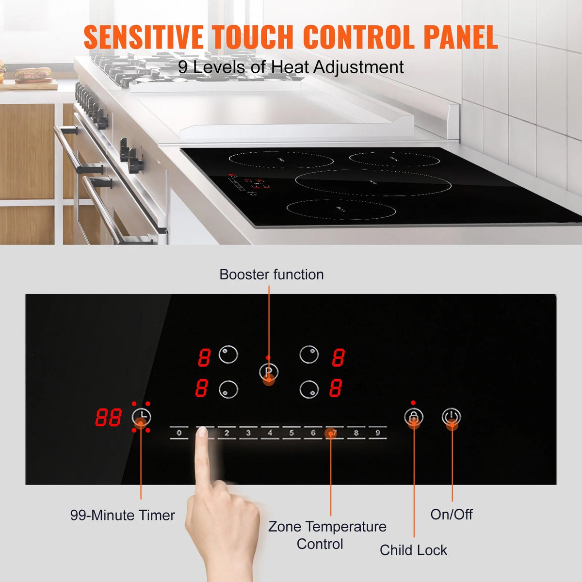 KFFKFF 4 Burner Electric Cooktop, 30'' 7500W 9 Power Settings Induction Cooktop Countertop Burner, with LED Display, Child Safety Lock & Heat Guard