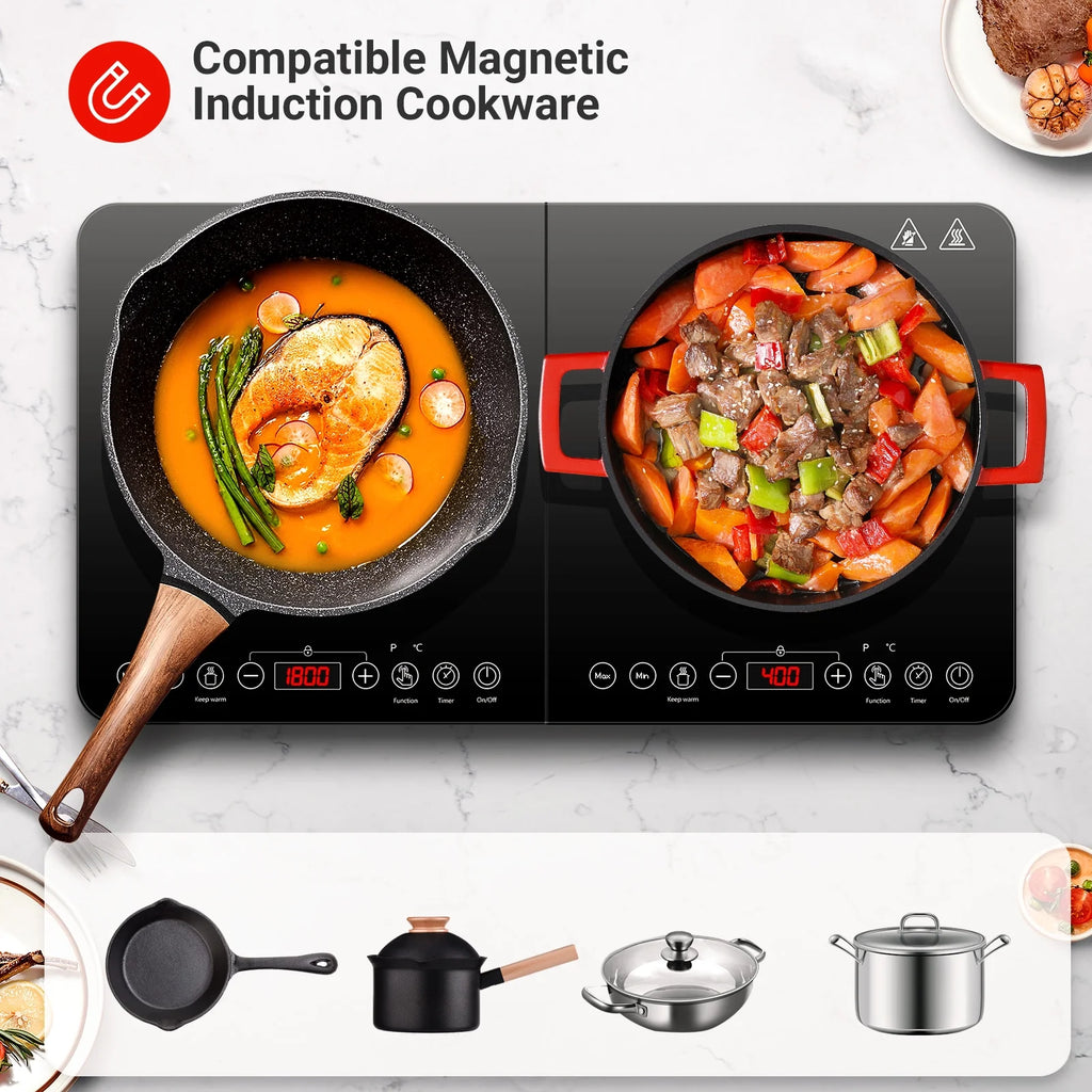 Electric Double Induction Cooktop, 1800W Portable Induction Cooktop with 2 Burners
