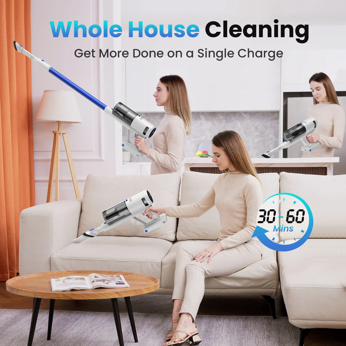INSE Lightweight Cordless Vacuum with 30Kpa Powerful Suction & 60 Mins Runtime, Stick Vacuum  for Carpet, Tile, Pet Hair, Hardwood Floors