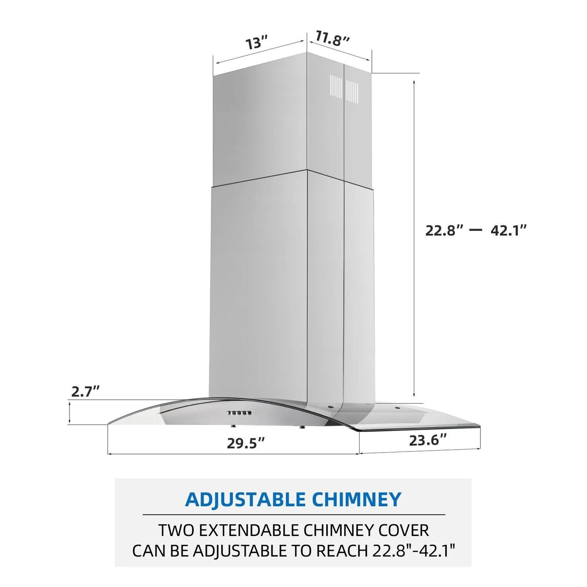 "Joeaonz 30"" Island Mount Range Hood, Stainless Steel, LED Bulbs, Easy-Clean Filters, 120V"