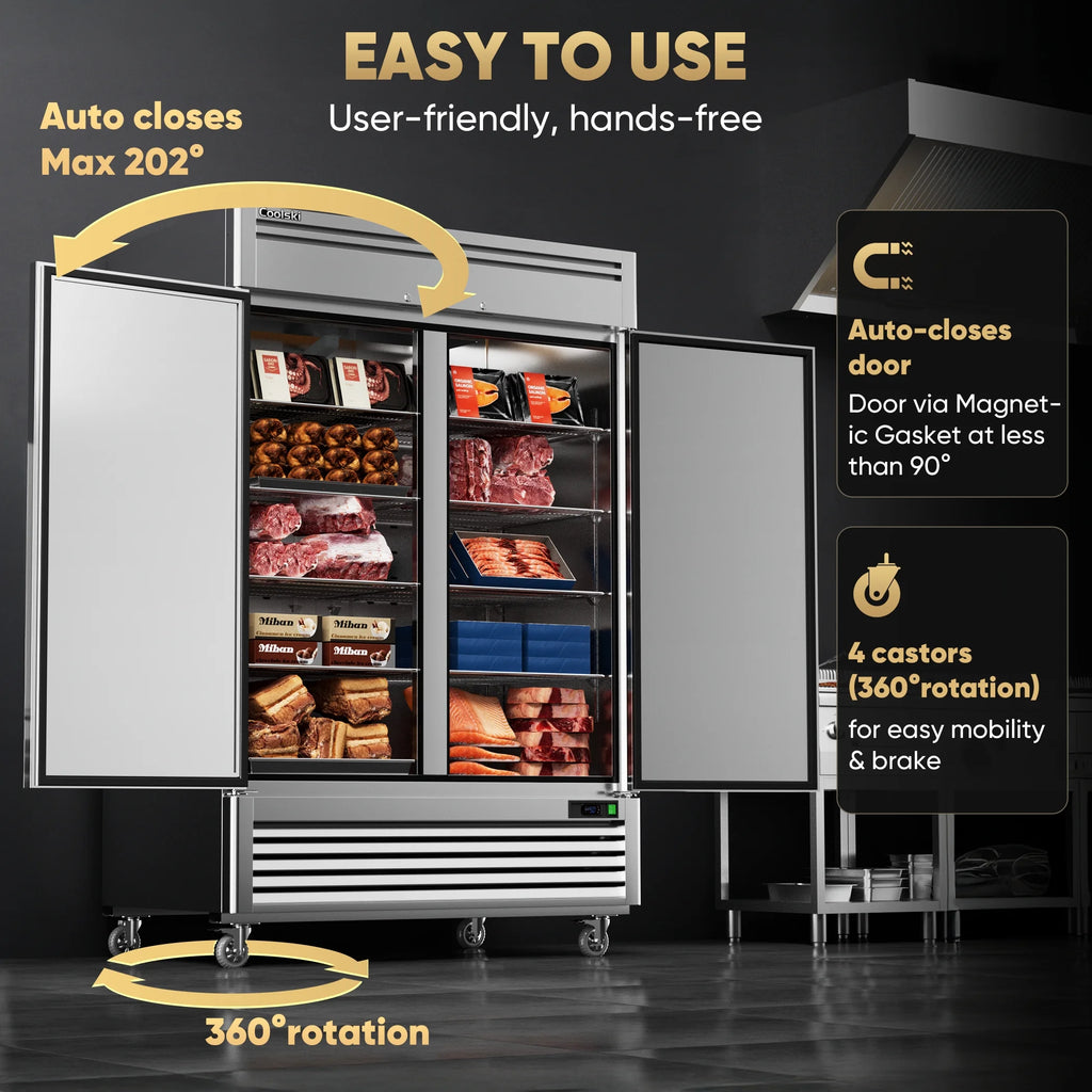 Coolski 54"W 2 Door Commercial Freezer, 49 Cu.ft Stainless Steel Reach-in Freezer