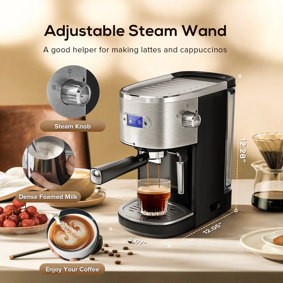 Electactic NEW Coffee Maker 2.0, with 20BAR Extraction, LED Display, 1.2L Water Tank, PCB Electronic Temperature Control, Steam Milk Frother, for Home, Office, Coffee Shop - Black