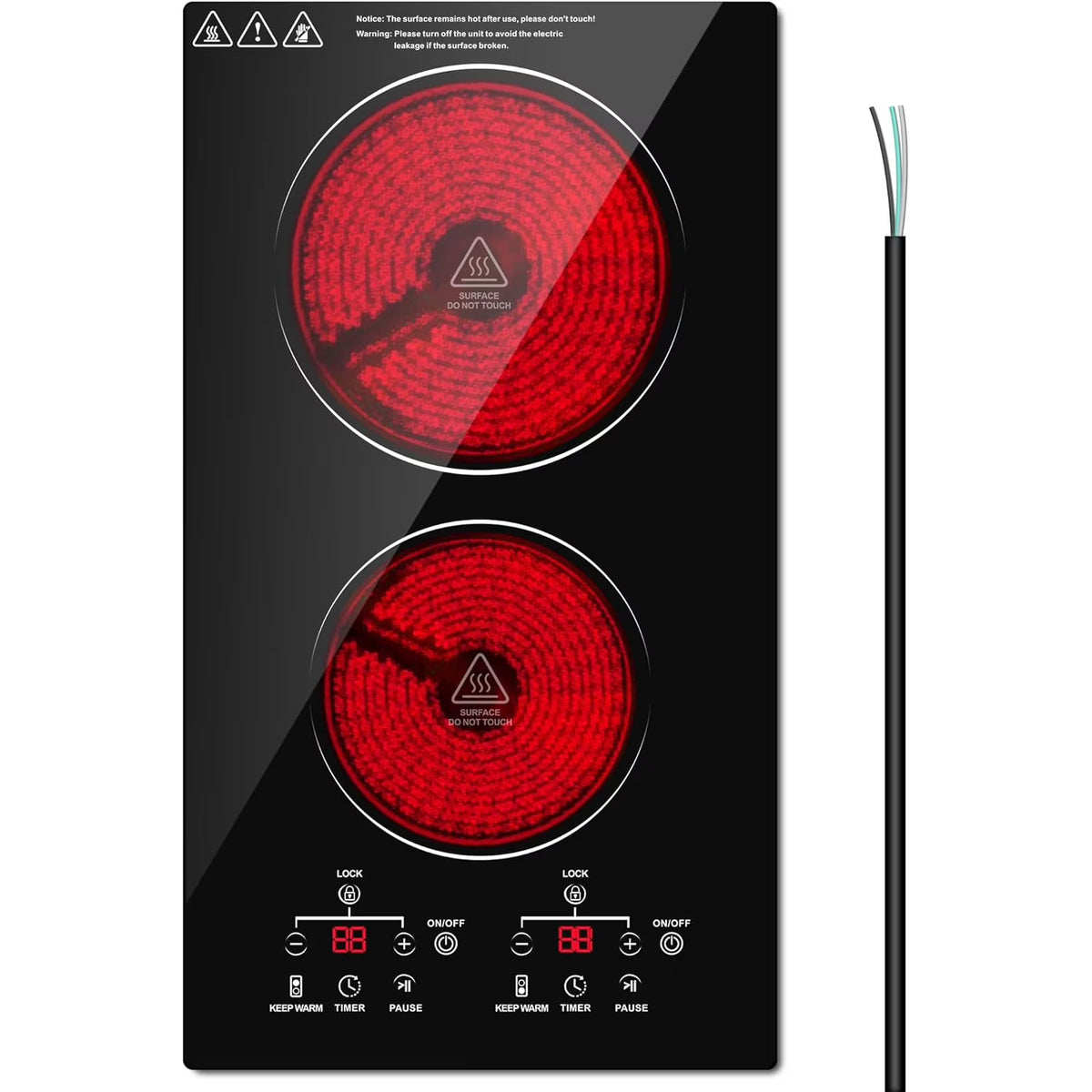 2 Burner Electric Cooktop, 12 Inch Electric Stove Top, Built-in Electric Cooktop with Sensor Touch Control, Timer & Child Lock Included,Keep Warm,9 Power Levels, 3000W, 220V-240V Hard Wired (No Plug)
