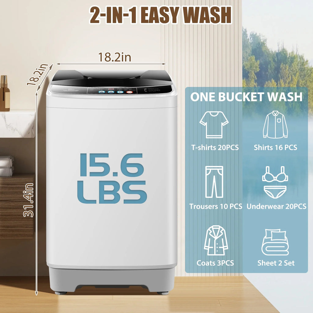 Veeboto Portable Washing Machine 15.6lbs Full-Automatic Washer, Compact Wash & Dry Combo with Drain Pump for Home, Dorms, Apart, White