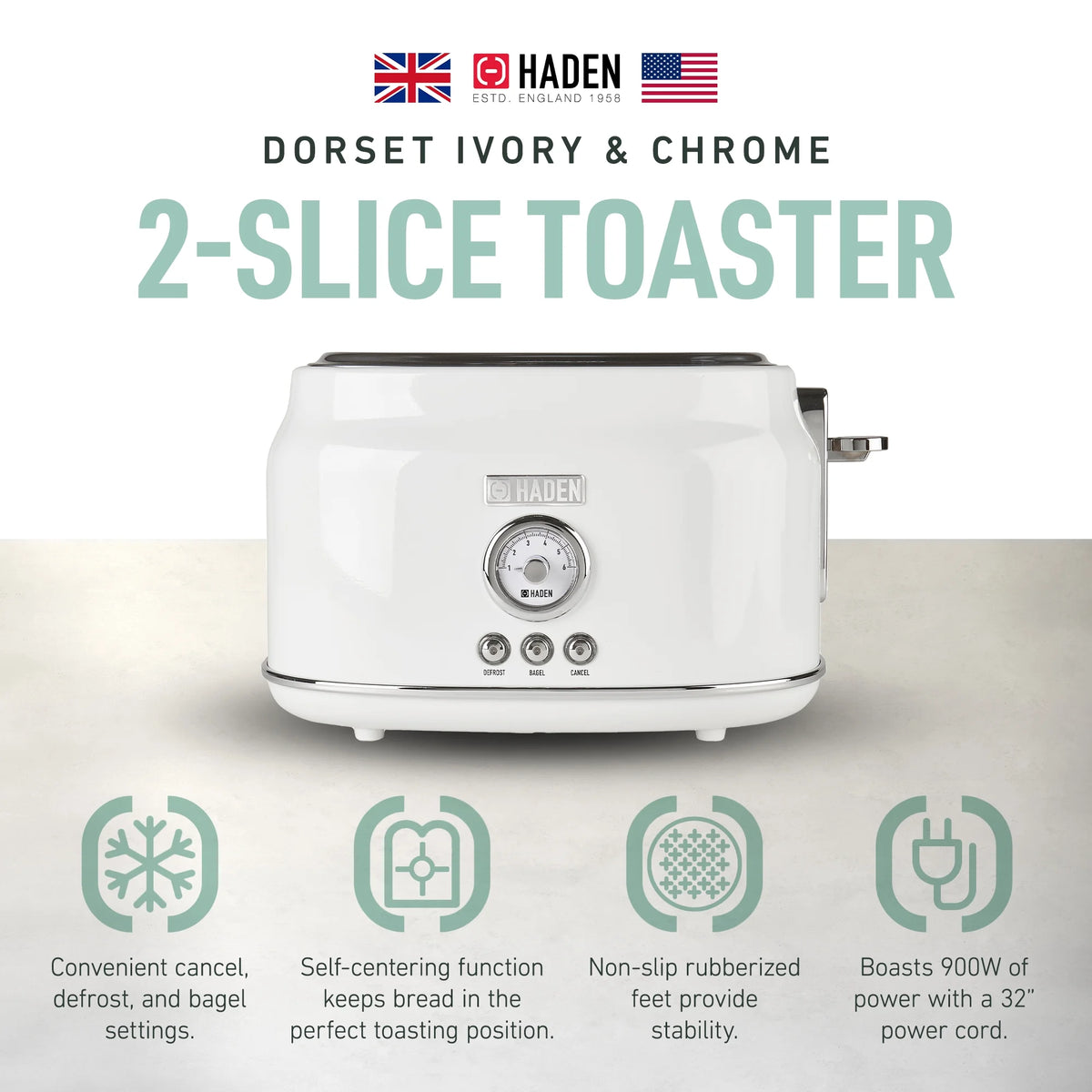 Haden Dorset 2 Slice Wide Slot Stainless Steel Toaster, Cedar Green/Chrome