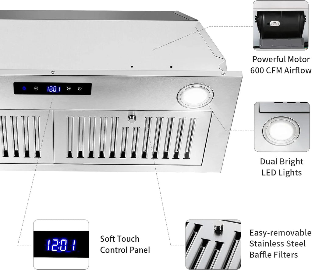 New 30 inch 600CFM Insert Range Hood Stainless Kitchen Exhaust Vent Dishwasher Filter 120V