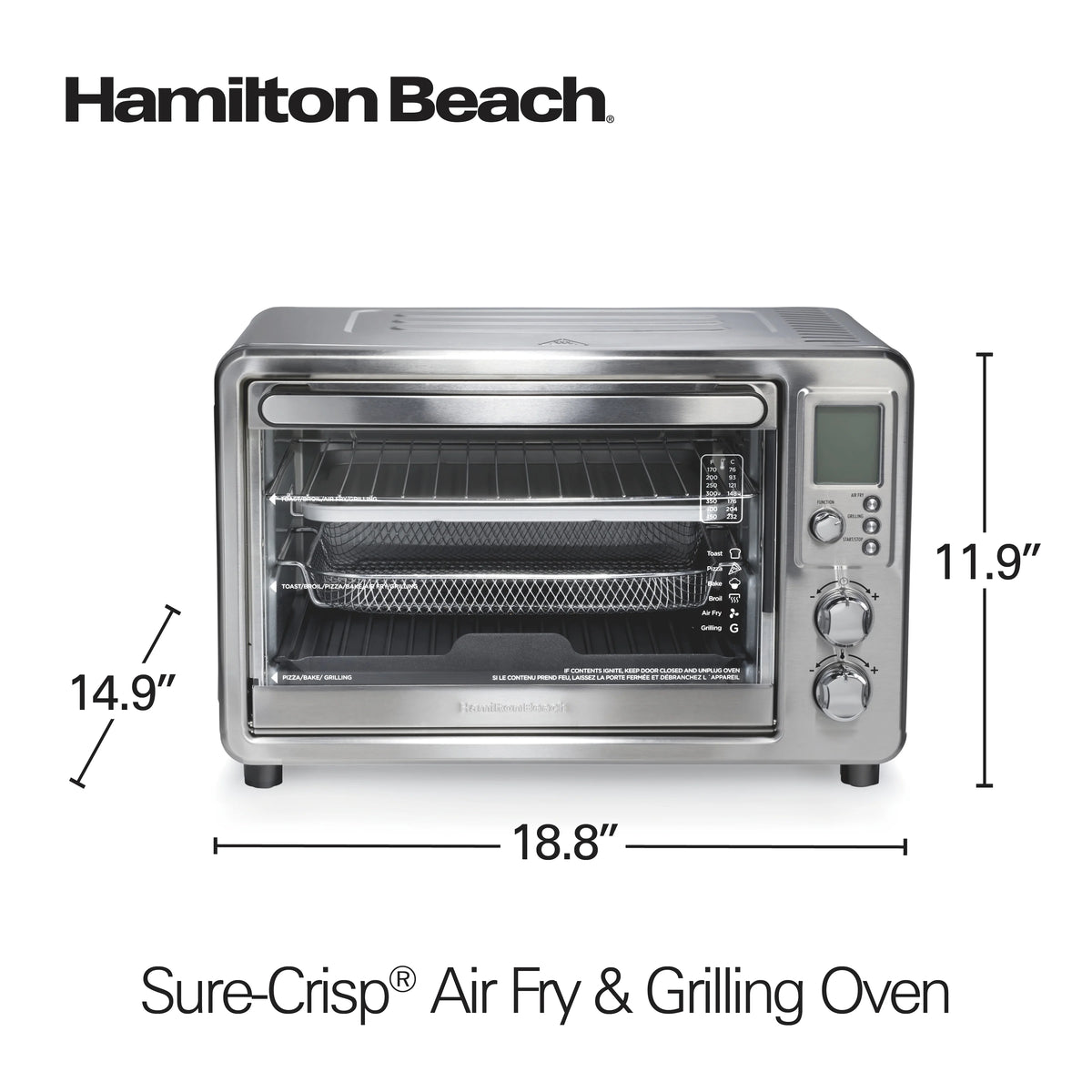 Hamilton Beach 6-in-1 Air Fryer Toaster Oven Combo & Electric Indoor Grill with Sure Crisp Technology, Stainless Steel