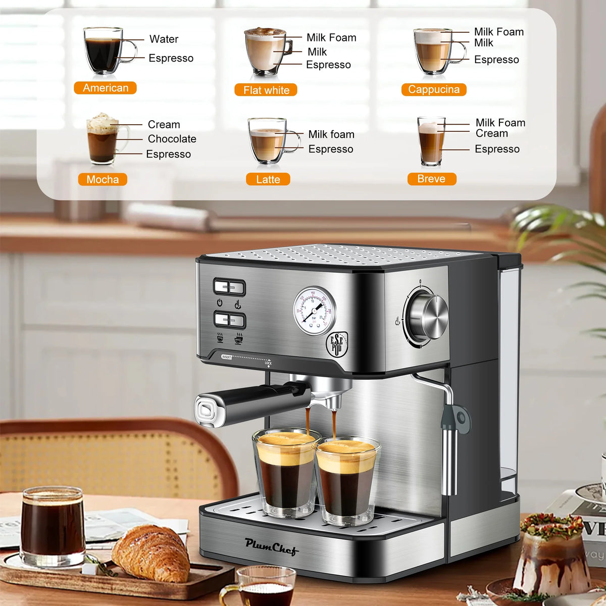 20 Bar Espresso Machine with Milk Frother, Single & Double Shot, ESE Pod Compatible, Removable Water Tank for Cappuccino, Latte, & Machiato for Home Barista
