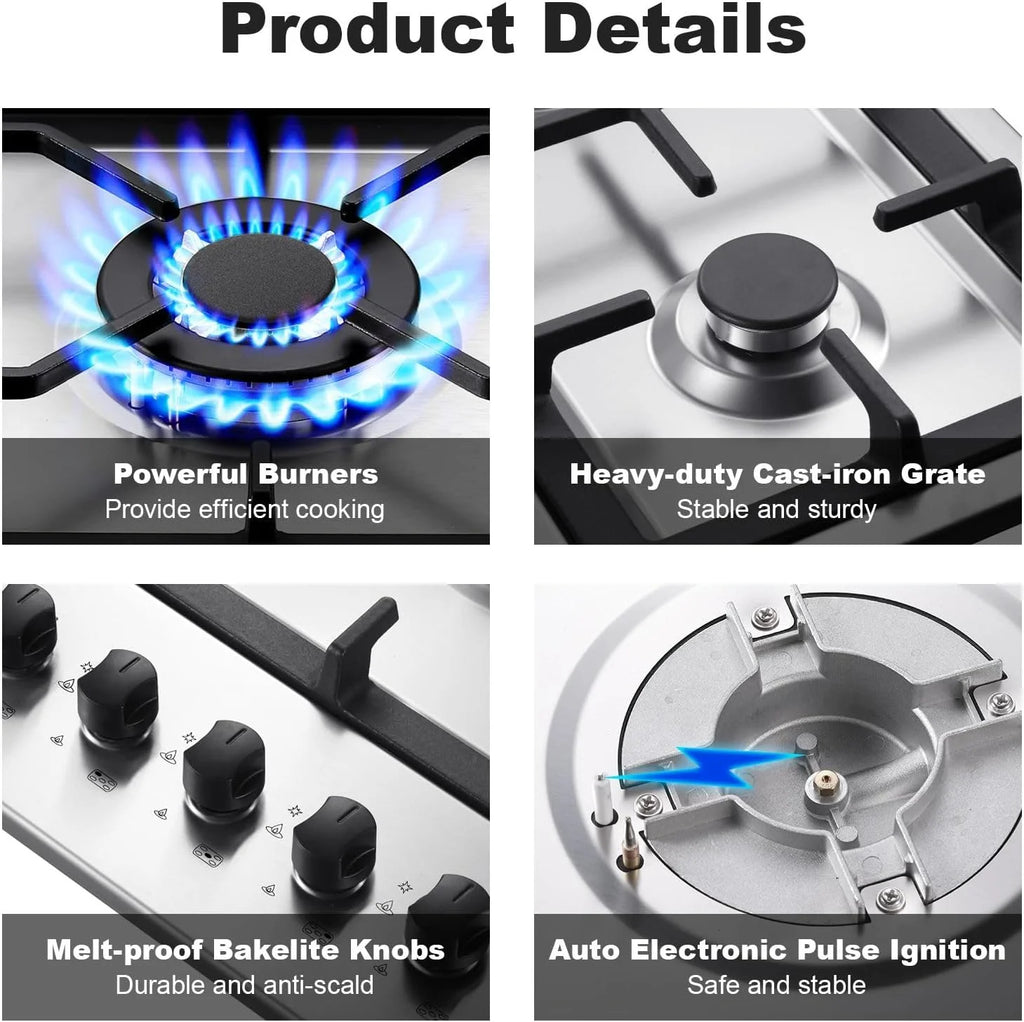 Amzgachfktch 36 Inch Gas Cooktop 5 Burner Built in Stainless with Thermocouple Protection, LPG/Natural Gas Convertible