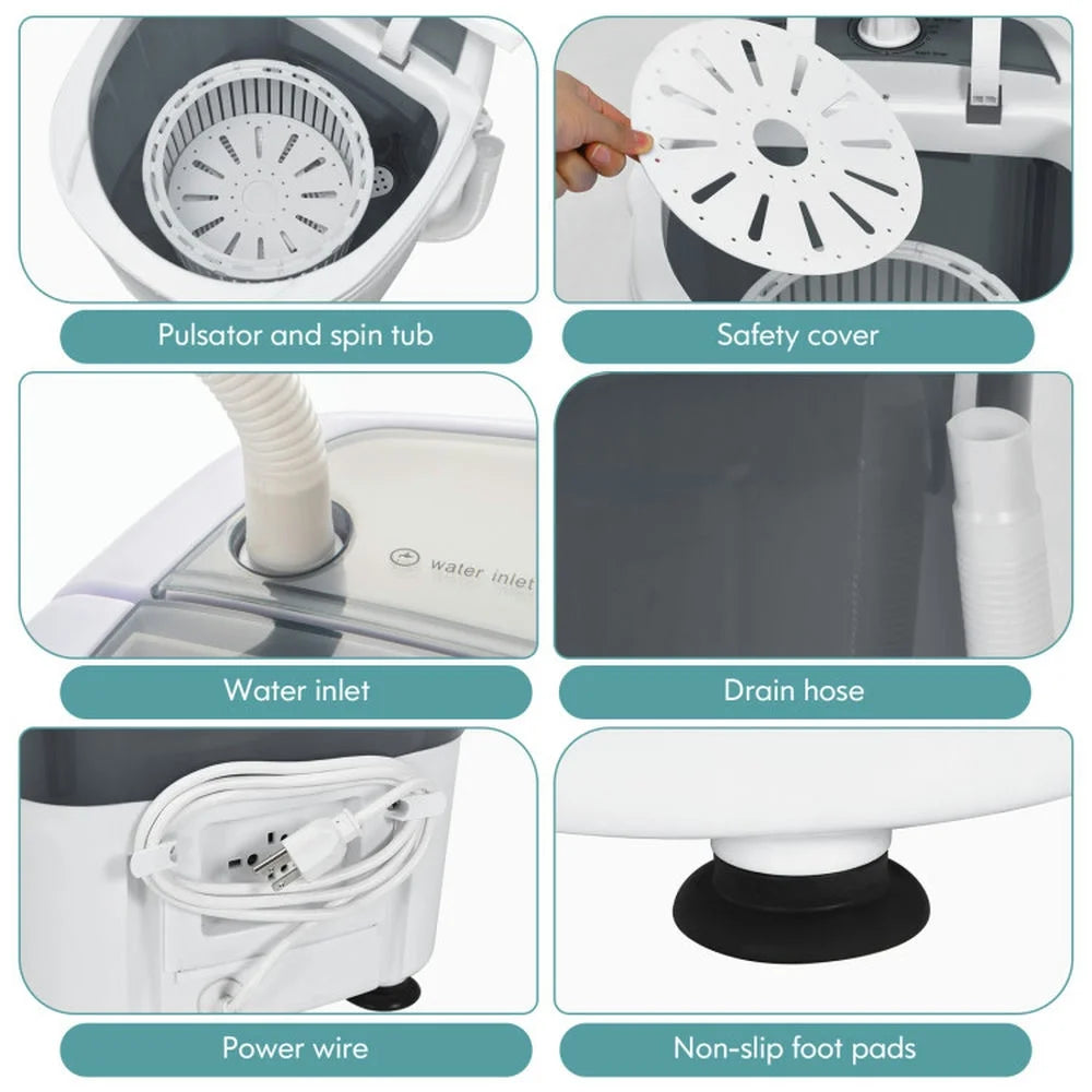 Barara King Washing Machine, Laundry Washer, Portable Mini Washing Machine Semi-Automatic Washer and Spinner Combo with Single Tub-Gray