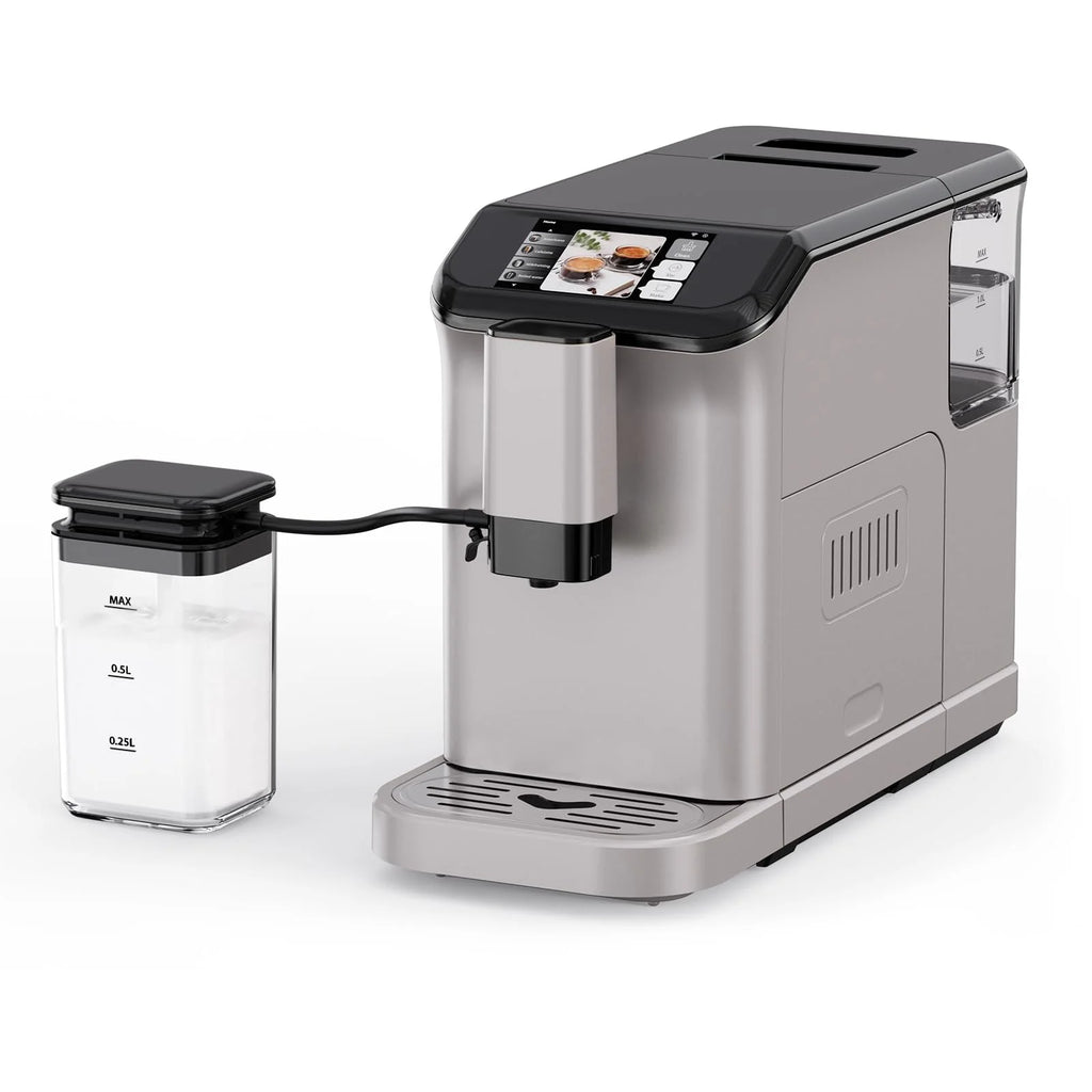 TROPOW Fully Automatic Espresso Machine, Automatic Milk Frother, Coffee Machine with Intuitive Touch Display for Latte, Cappuccino, Iced Coffee, Built-in Grinder, 1.5L Water Tank, for Home Office