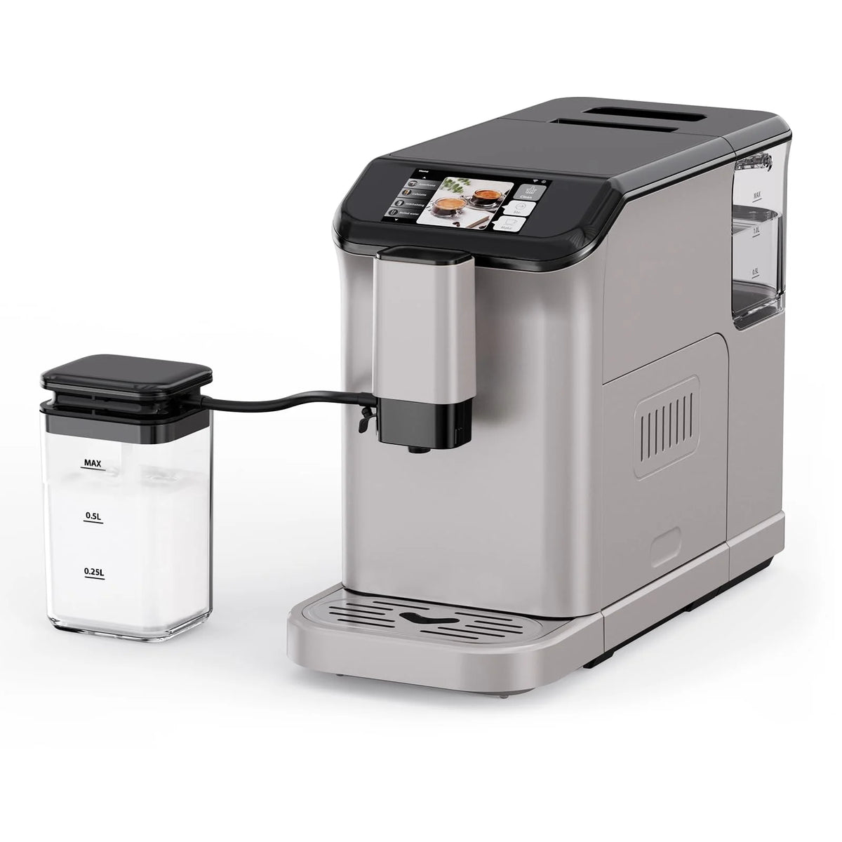 TROPOW Fully Automatic Espresso Machine, Automatic Milk Frother, Coffee Machine with Intuitive Touch Display for Latte, Cappuccino, Iced Coffee, Built-in Grinder, 1.5L Water Tank, for Home Office