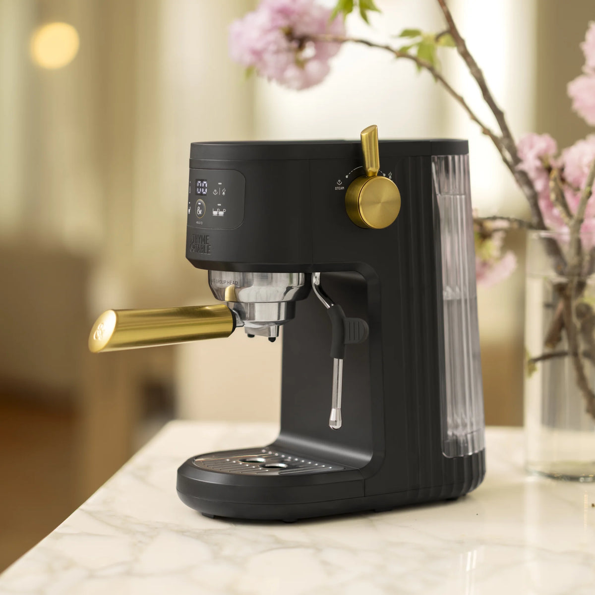 Thyme & Table Barista Mini Espresso Machine with 15-Bar Pressure and Steam Wand, Sand White