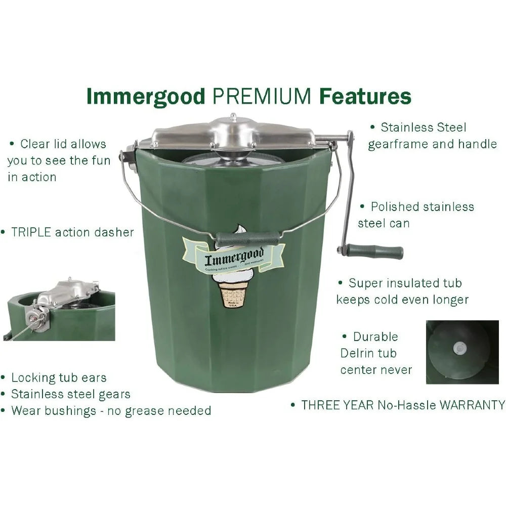 Immergood Amish Made Hand Crank Home Made Ice Cream Freezer Maker, 6 Quart