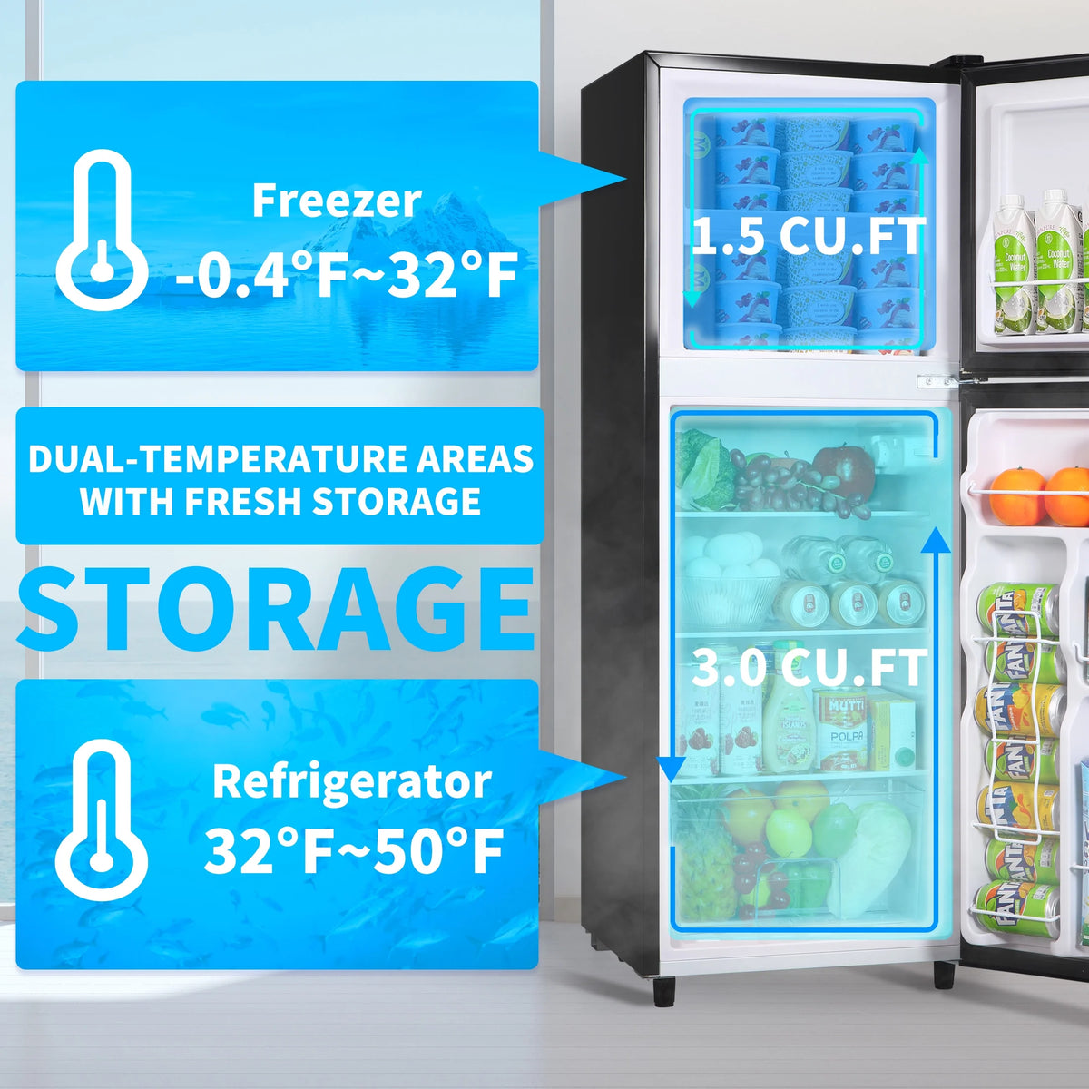 2 Door Mini Fridge with Freezer,4.5 Cu.ft.,5 Adjustable Thermostat & 4 Removable Glass Shelves
