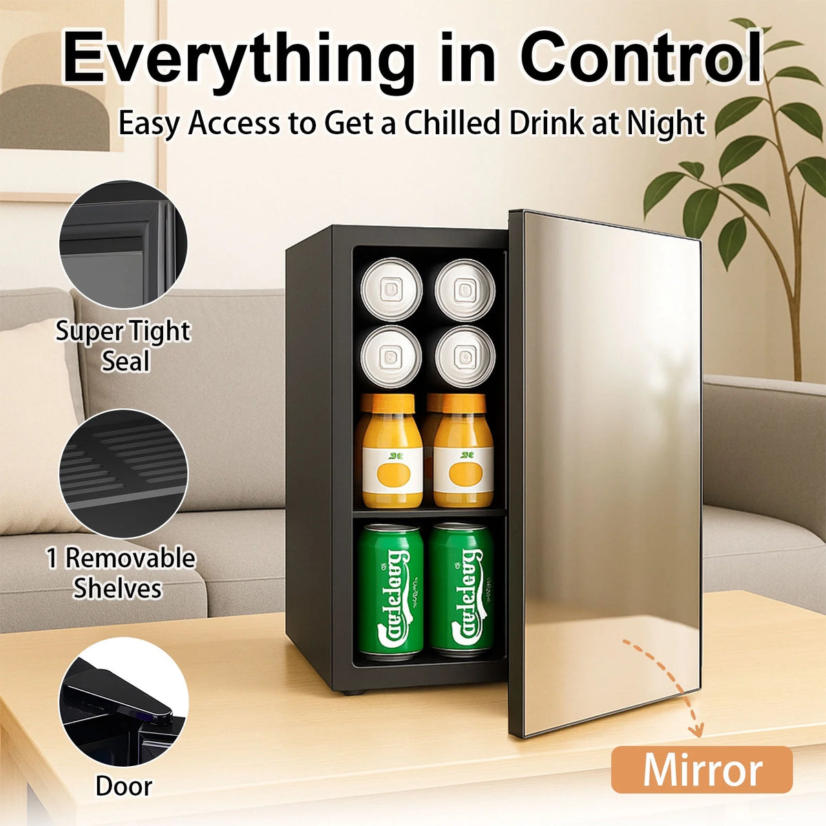 24Can/0.9Cu Mini Refrigerator and Personal Beauty Cooler, Mirrored Door Compact Beverage Fridge for Beer,Wine
