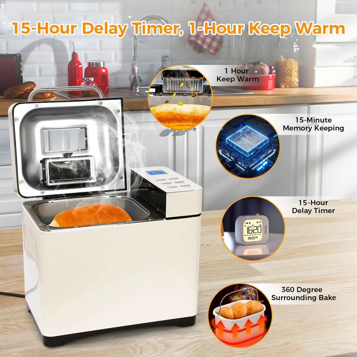 KBS 19-in-1 2LB Bread Maker Machine with Dual Heaters& Auto Nut Dispenser,Ceramic Pan with 2 kneading paddle,15 Hour delay timer&1 hour keep warm Model#013A