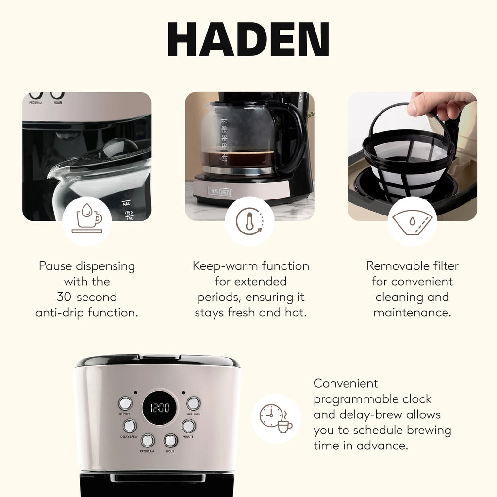 Open Box Haden Coffee Machine 12 Cup Programmable Drip CoffeeMaker Putty/Chrome