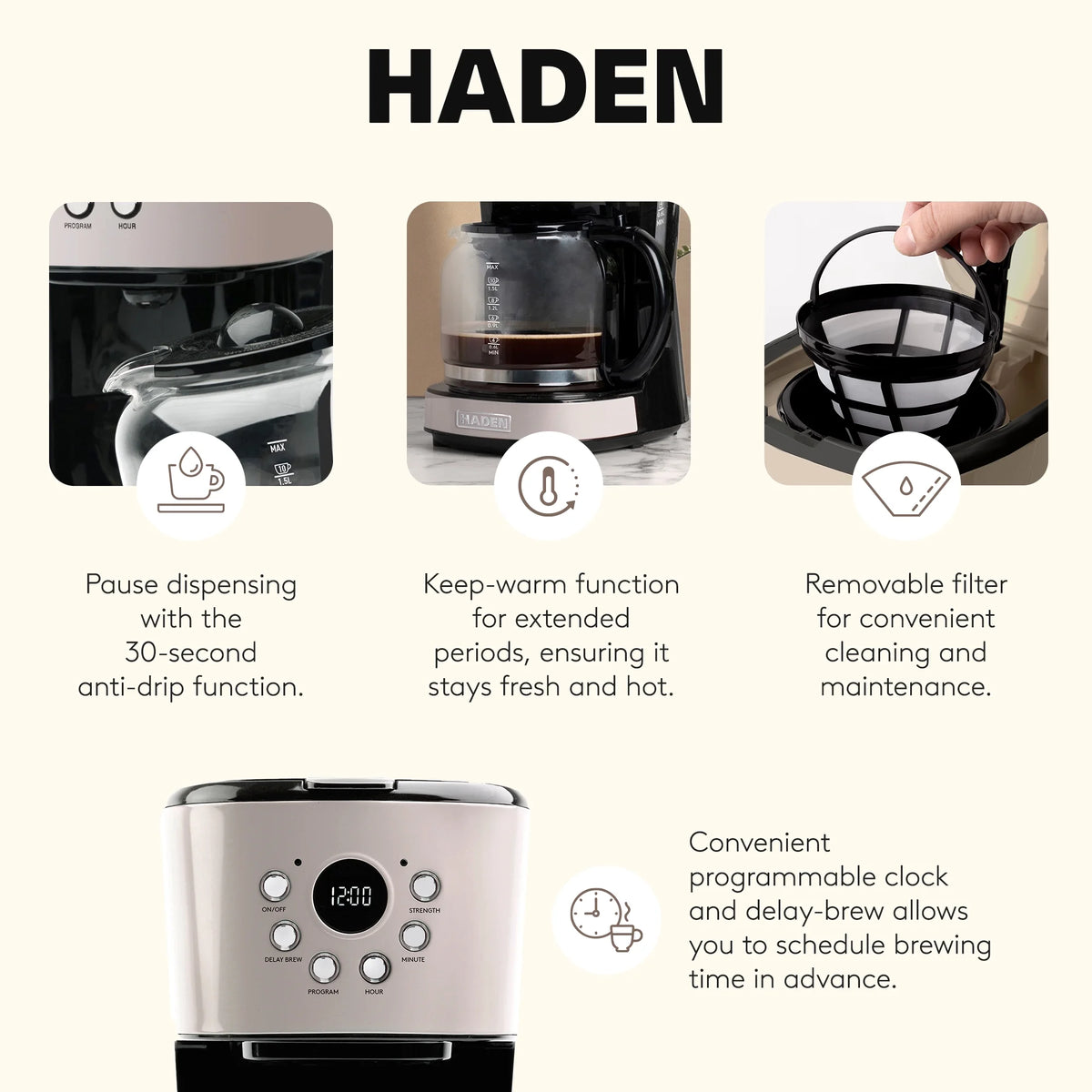 Open Box Haden Coffee Machine 12 Cup Programmable Drip CoffeeMaker Putty/Chrome